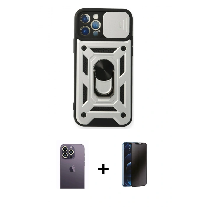 MARSİLYAN™- iPhone 12 Pro Kılıf Ahenk Klasik - Siyah 3D Antistatik Hayalet Cam Ekran Koruyucu + Neon Fosforlu Kamera Lens - BZ