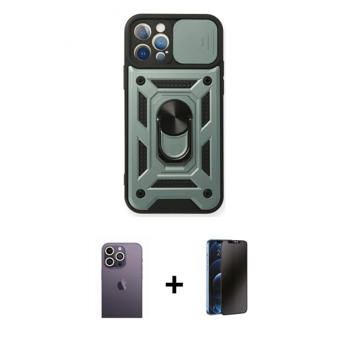 MARSİLYAN™- iPhone 12 Pro Kılıf Ahenk Klasik - Siyah 3D Antistatik Hayalet Cam Ekran Koruyucu + Neon Fosforlu Kamera Lens - BZ