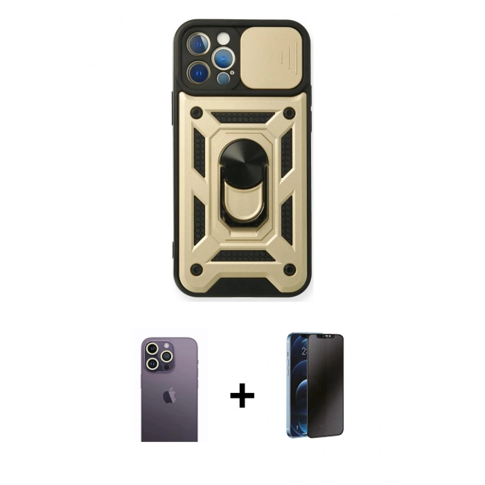 MARSİLYAN™- iPhone 12 Pro Kılıf Ahenk Klasik - Siyah 3D Antistatik Hayalet Cam Ekran Koruyucu + Neon Fosforlu Kamera Lens - BZ