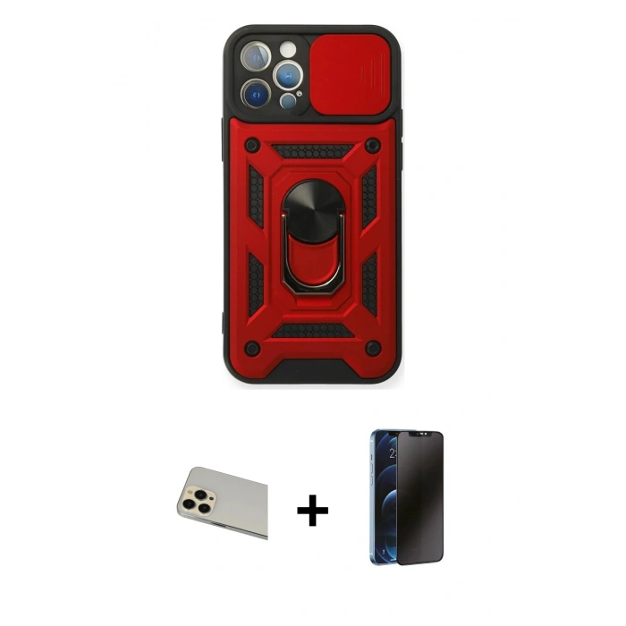 MARSİLYAN™- iPhone 12 Pro Kılıf Ahenk Klasik - Siyah 3D Antistatik Hayalet Cam Ekran Koruyucu + Rainbow Kamera Lens Koruma Cam - GD