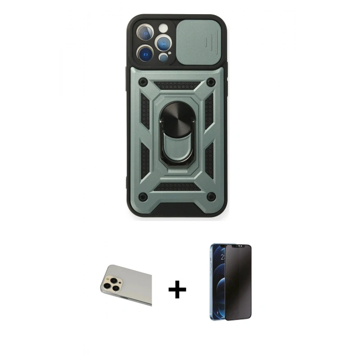 MARSİLYAN™- iPhone 12 Pro Kılıf Ahenk Klasik - Siyah 3D Antistatik Hayalet Cam Ekran Koruyucu + Rainbow Kamera Lens Koruma Cam - GD