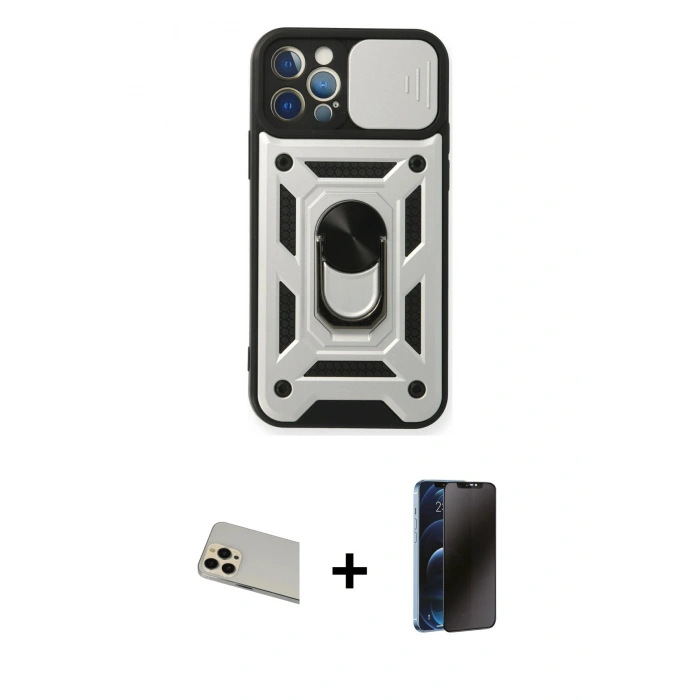 MARSİLYAN™- iPhone 12 Pro Kılıf Ahenk Klasik - Siyah 3D Antistatik Hayalet Cam Ekran Koruyucu + Rainbow Kamera Lens Koruma Cam - GD