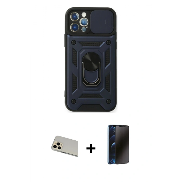 MARSİLYAN™- iPhone 12 Pro Kılıf Ahenk Klasik - Siyah 3D Antistatik Hayalet Cam Ekran Koruyucu + Rainbow Kamera Lens Koruma Cam - GD