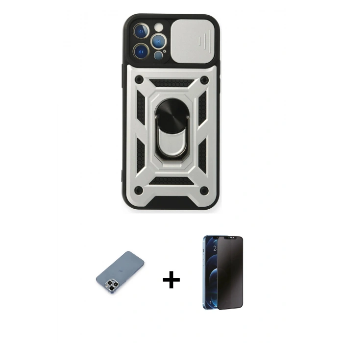 MARSİLYAN™- iPhone 12 Pro Kılıf Ahenk Klasik - Siyah 3D Antistatik Hayalet Cam Ekran Koruyucu + Metal Kamera Lens Koruma Cam - GS