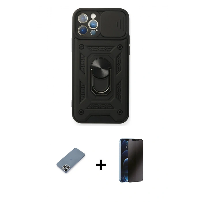 MARSİLYAN™- iPhone 12 Pro Kılıf Ahenk Klasik - Siyah 3D Antistatik Hayalet Cam Ekran Koruyucu + Metal Kamera Lens Koruma Cam - GS