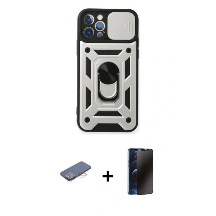 MARSİLYAN™- iPhone 12 Pro Kılıf Ahenk Klasik - Siyah 3D Antistatik Hayalet Cam Ekran Koruyucu + Renkli Kamera Lens Koruma Cam - MI