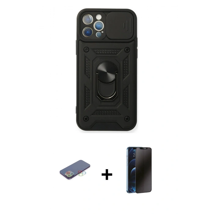 MARSİLYAN™- iPhone 12 Pro Kılıf Ahenk Klasik - Siyah 3D Antistatik Hayalet Cam Ekran Koruyucu + Renkli Kamera Lens Koruma Cam - MI
