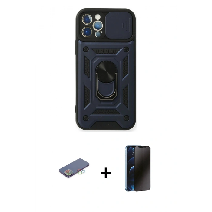 MARSİLYAN™- iPhone 12 Pro Kılıf Ahenk Klasik - Siyah 3D Antistatik Hayalet Cam Ekran Koruyucu + Renkli Kamera Lens Koruma Cam - MI