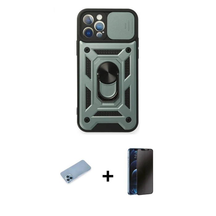 MARSİLYAN™- iPhone 12 Pro Kılıf Ahenk Klasik - Siyah 3D Antistatik Hayalet Cam Ekran Koruyucu + Shine Kamera Lens Koruma Cam - MI