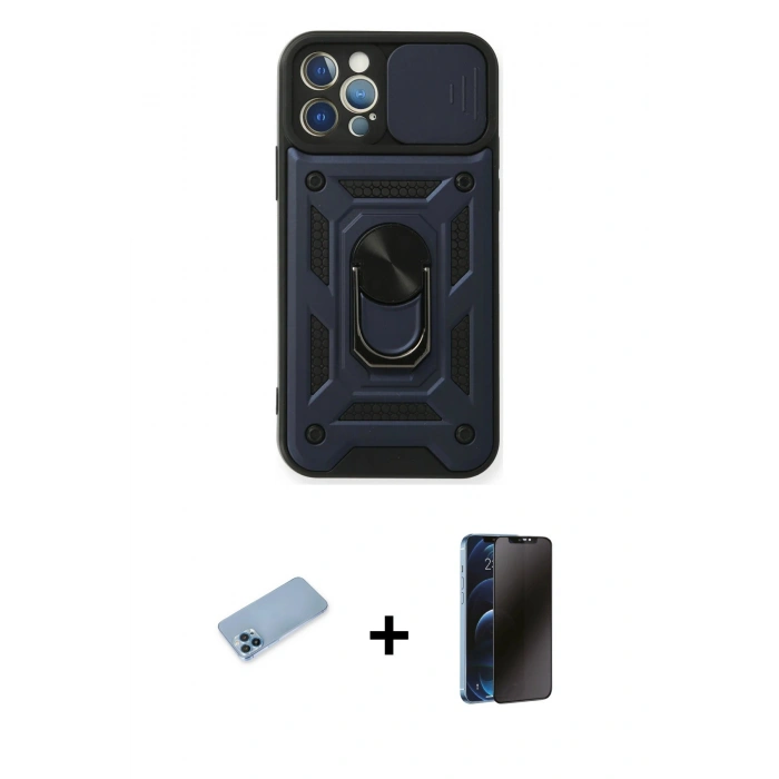 MARSİLYAN™- iPhone 12 Pro Kılıf Ahenk Klasik - Siyah 3D Antistatik Hayalet Cam Ekran Koruyucu + Shine Kamera Lens Koruma Cam - MI