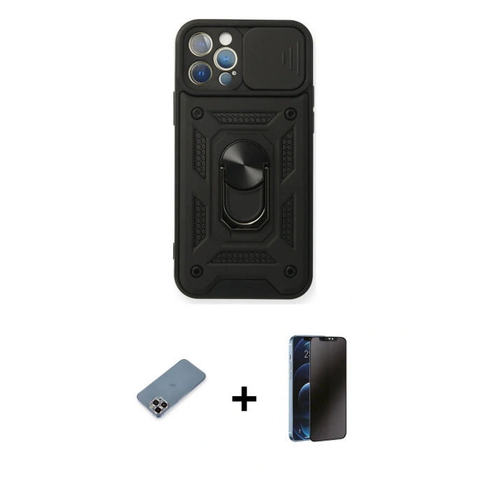 MARSİLYAN™- iPhone 12 Pro Kılıf Ahenk Klasik - Siyah 3D Antistatik Hayalet Cam Ekran Koruyucu + Metal Kamera Lens Koruma Cam - MR
