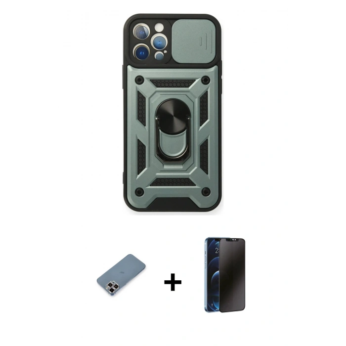 MARSİLYAN™- iPhone 12 Pro Kılıf Ahenk Klasik - Siyah 3D Antistatik Hayalet Cam Ekran Koruyucu + Metal Kamera Lens Koruma Cam - MR