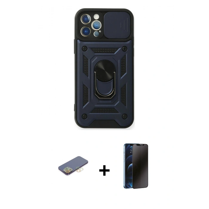MARSİLYAN™- iPhone 12 Pro Kılıf Ahenk Klasik - Siyah 3D Antistatik Hayalet Cam Ekran Koruyucu + Renkli Kamera Lens Koruma Cam - SI