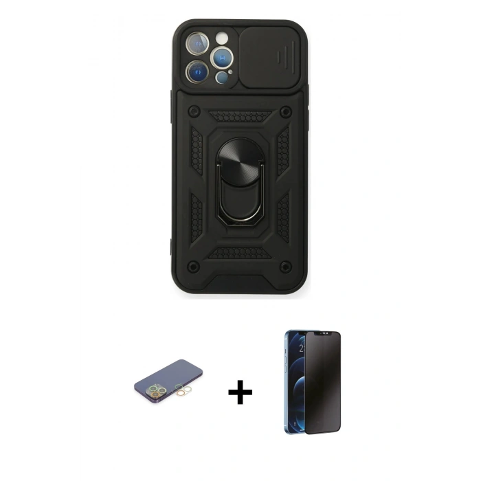 MARSİLYAN™- iPhone 12 Pro Kılıf Ahenk Klasik - Siyah 3D Antistatik Hayalet Cam Ekran Koruyucu + Renkli Kamera Lens Koruma Cam - SI