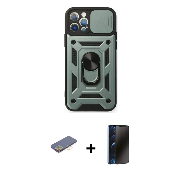 MARSİLYAN™- iPhone 12 Pro Kılıf Ahenk Klasik - Siyah 3D Antistatik Hayalet Cam Ekran Koruyucu + Renkli Kamera Lens Koruma Cam - SI