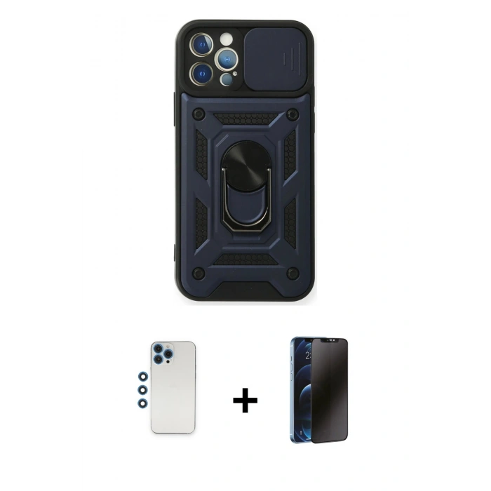 MARSİLYAN™- iPhone 12 Pro Kılıf Ahenk Klasik - Siyah 3D Antistatik Hayalet Cam Ekran Koruyucu + Shine Kamera Lens - MI
