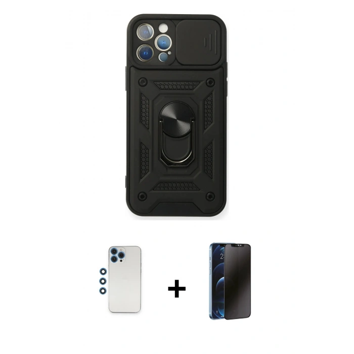 MARSİLYAN™- iPhone 12 Pro Kılıf Ahenk Klasik - Siyah 3D Antistatik Hayalet Cam Ekran Koruyucu + Shine Kamera Lens - MI