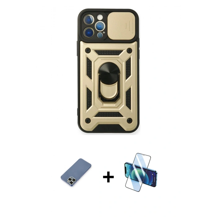 MARSİLYAN™- iPhone 12 Pro Kılıf Ahenk Klasik - Siyah 3D Antistatik Seramik Nano Ekran Koruyucu + Metal Kamera Lens Koruma Cam - AKYL