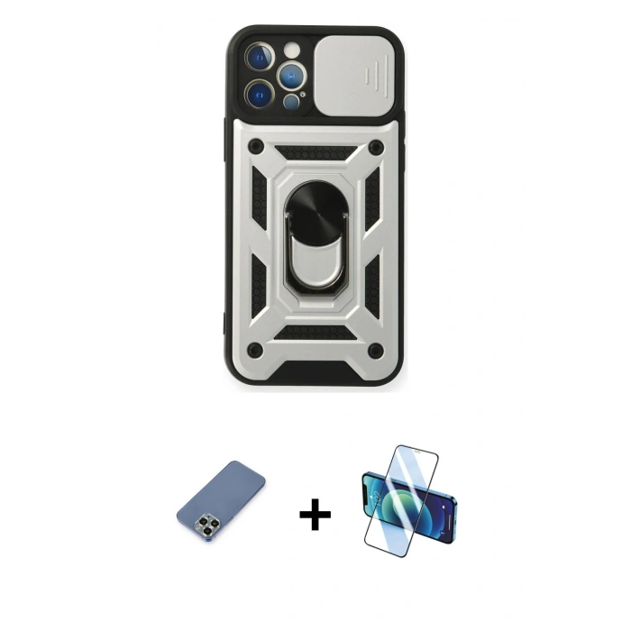 MARSİLYAN™- iPhone 12 Pro Kılıf Ahenk Klasik - Siyah 3D Antistatik Seramik Nano Ekran Koruyucu + Metal Kamera Lens Koruma Cam - AKYL