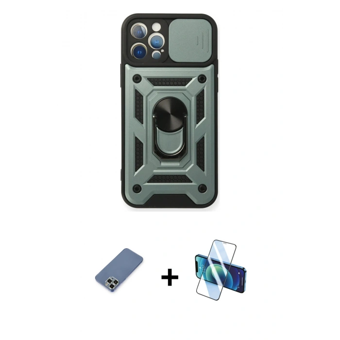 MARSİLYAN™- iPhone 12 Pro Kılıf Ahenk Klasik - Siyah 3D Antistatik Seramik Nano Ekran Koruyucu + Metal Kamera Lens Koruma Cam - AKYL