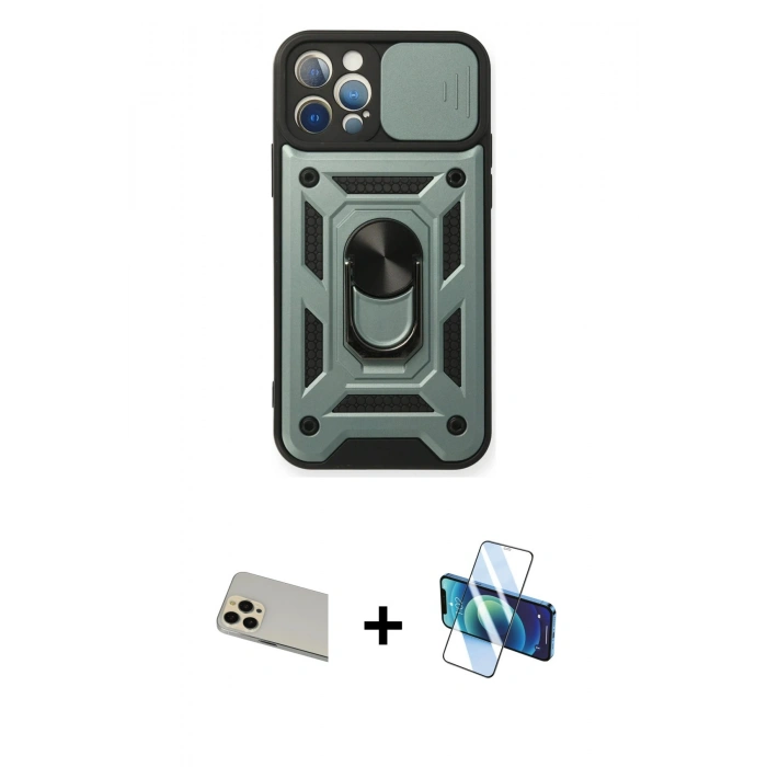 MARSİLYAN™- iPhone 12 Pro Kılıf Ahenk Klasik - Siyah 3D Antistatik Seramik Nano Ekran Koruyucu + Rainbow Kamera Lens Koruma Cam - GD