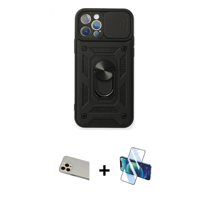 MARSİLYAN™- iPhone 12 Pro Kılıf Ahenk Klasik - Siyah 3D Antistatik Seramik Nano Ekran Koruyucu + Rainbow Kamera Lens Koruma Cam - GD