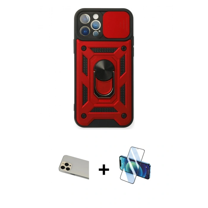 MARSİLYAN™- iPhone 12 Pro Kılıf Ahenk Klasik - Siyah 3D Antistatik Seramik Nano Ekran Koruyucu + Rainbow Kamera Lens Koruma Cam - GD