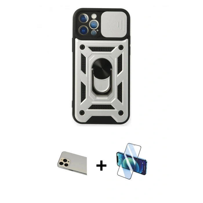 MARSİLYAN™- iPhone 12 Pro Kılıf Ahenk Klasik - Siyah 3D Antistatik Seramik Nano Ekran Koruyucu + Rainbow Kamera Lens Koruma Cam - GD