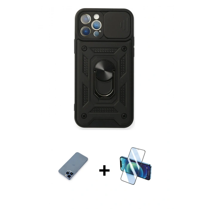 MARSİLYAN™- iPhone 12 Pro Kılıf Ahenk Klasik - Siyah 3D Antistatik Seramik Nano Ekran Koruyucu + Metal Kamera Lens Koruma Cam - MI