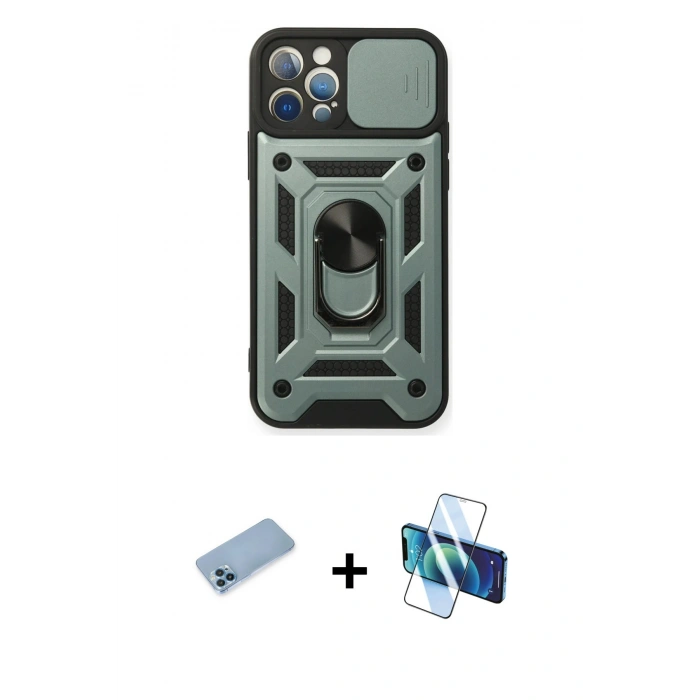 MARSİLYAN™- iPhone 12 Pro Kılıf Ahenk Klasik - Siyah 3D Antistatik Seramik Nano Ekran Koruyucu + Shine Kamera Lens Koruma Cam - MI