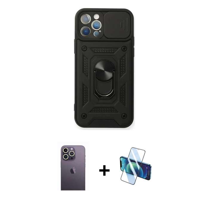 MARSİLYAN™- iPhone 12 Pro Kılıf Ahenk Klasik - Siyah 3D Antistatik Seramik Nano Ekran Koruyucu + Neon Fosforlu Kamera Lens - BZ