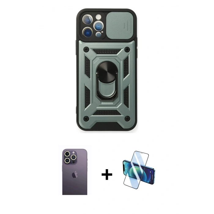 MARSİLYAN™- iPhone 12 Pro Kılıf Ahenk Klasik - Siyah 3D Antistatik Seramik Nano Ekran Koruyucu + Neon Fosforlu Kamera Lens - BZ