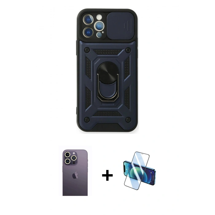 MARSİLYAN™- iPhone 12 Pro Kılıf Ahenk Klasik - Siyah 3D Antistatik Seramik Nano Ekran Koruyucu + Neon Fosforlu Kamera Lens - BZ