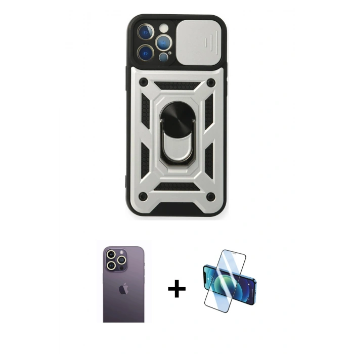 MARSİLYAN™- iPhone 12 Pro Kılıf Ahenk Klasik - Siyah 3D Antistatik Seramik Nano Ekran Koruyucu + Neon Fosforlu Kamera Lens - BZ