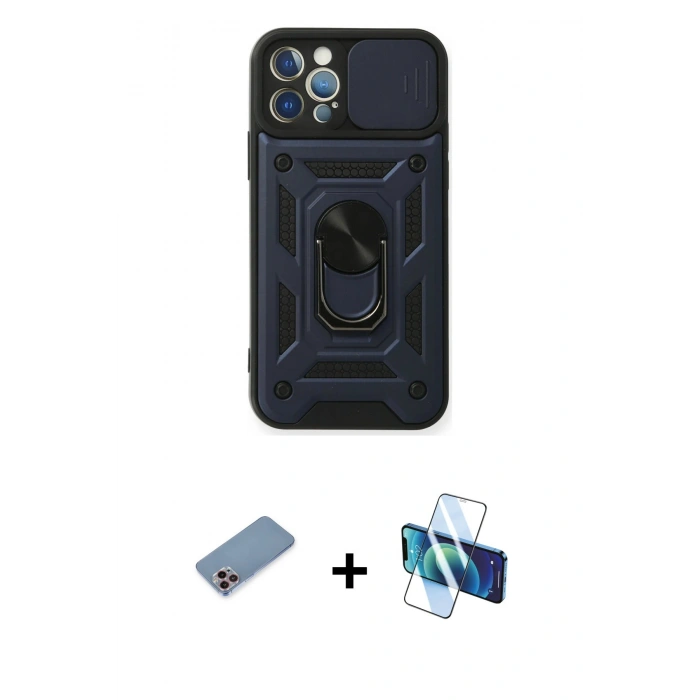 MARSİLYAN™- iPhone 12 Pro Kılıf Ahenk Klasik - Siyah 3D Antistatik Seramik Nano Ekran Koruyucu + Pembe Shine Kamera Lens Koruma Cam