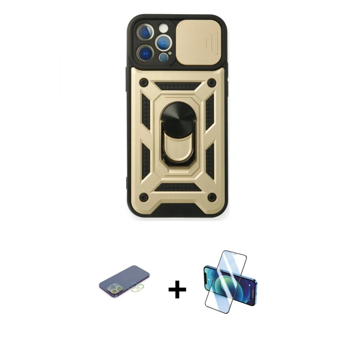 MARSİLYAN™- iPhone 12 Pro Kılıf Ahenk Klasik - Siyah 3D Antistatik Seramik Nano Ekran Koruyucu + Renkli Kamera Lens Koruma Cam - YL