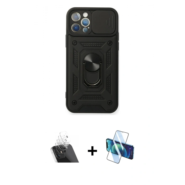 MARSİLYAN™- iPhone 12 Pro Kılıf Ahenk Klasik - Siyah 3D Antistatik Seramik Nano Ekran Koruyucu + Kamera Lens Koruma Cam - SF