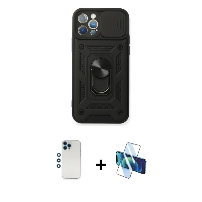 MARSİLYAN™- iPhone 12 Pro Kılıf Ahenk Klasik - Siyah 3D Antistatik Seramik Nano Ekran Koruyucu + Shine Kamera Lens - MI