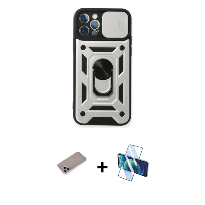 MARSİLYAN™- iPhone 12 Pro Kılıf Ahenk Klasik - Siyah 3D Antistatik Seramik Nano Ekran Koruyucu + Shine Kamera Lens Koruma Cam - SABE
