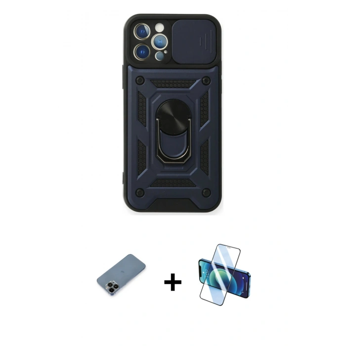 MARSİLYAN™- iPhone 12 Pro Kılıf Ahenk Klasik - Siyah 3D Antistatik Seramik Nano Ekran Koruyucu + Shine Kamera Lens Koruma Cam - SH