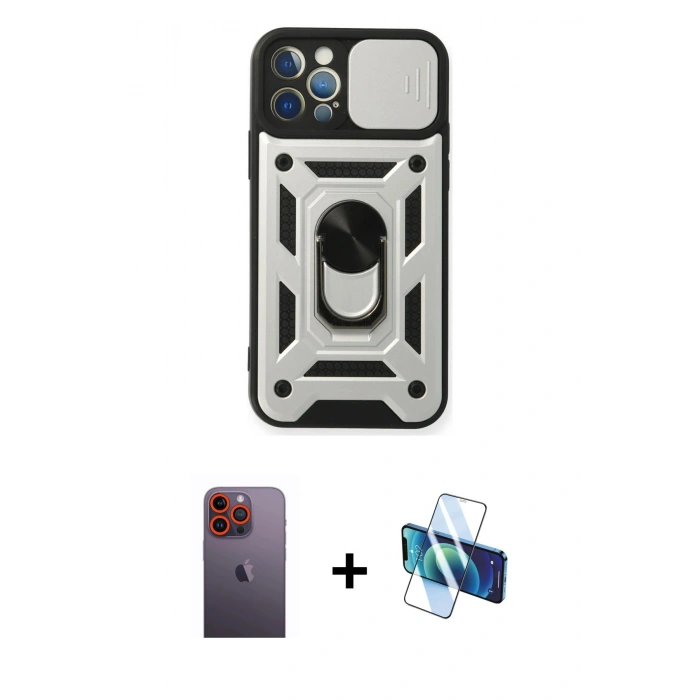 MARSİLYAN™- iPhone 12 Pro Kılıf Ahenk Klasik - Siyah 3D Antistatik Seramik Nano Ekran Koruyucu + Neon Fosforlu Kamera Lens - TU