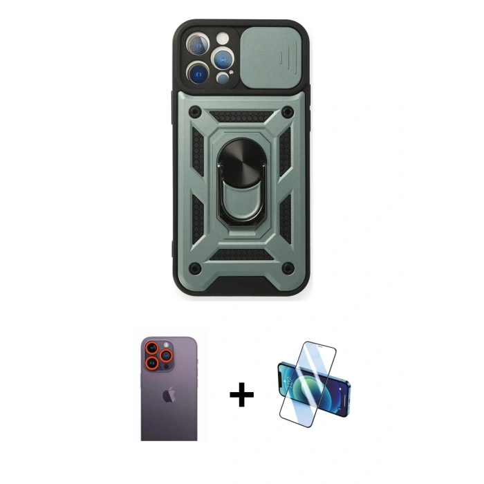 MARSİLYAN™- iPhone 12 Pro Kılıf Ahenk Klasik - Siyah 3D Antistatik Seramik Nano Ekran Koruyucu + Neon Fosforlu Kamera Lens - TU