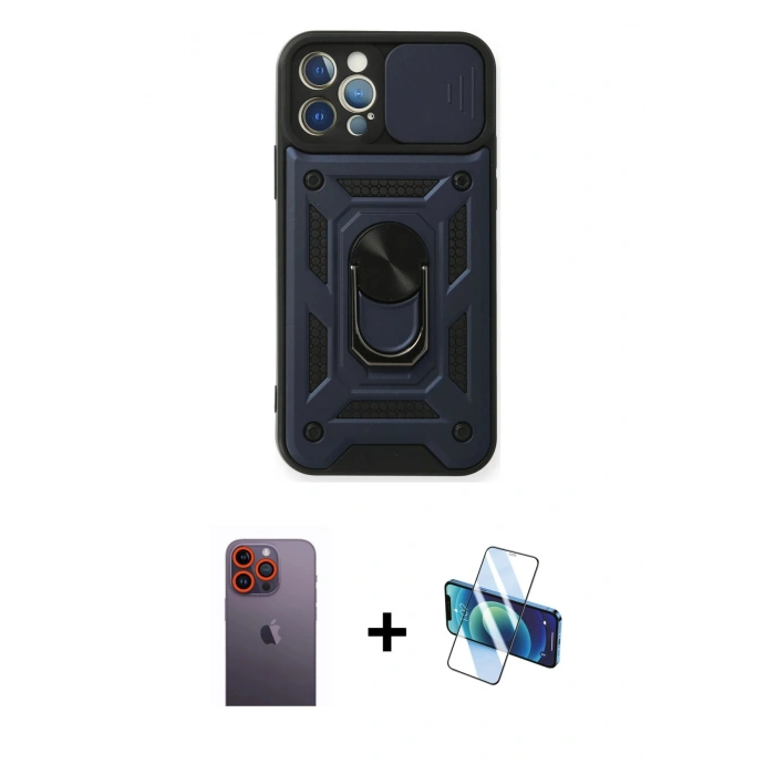 MARSİLYAN™- iPhone 12 Pro Kılıf Ahenk Klasik - Siyah 3D Antistatik Seramik Nano Ekran Koruyucu + Neon Fosforlu Kamera Lens - TU