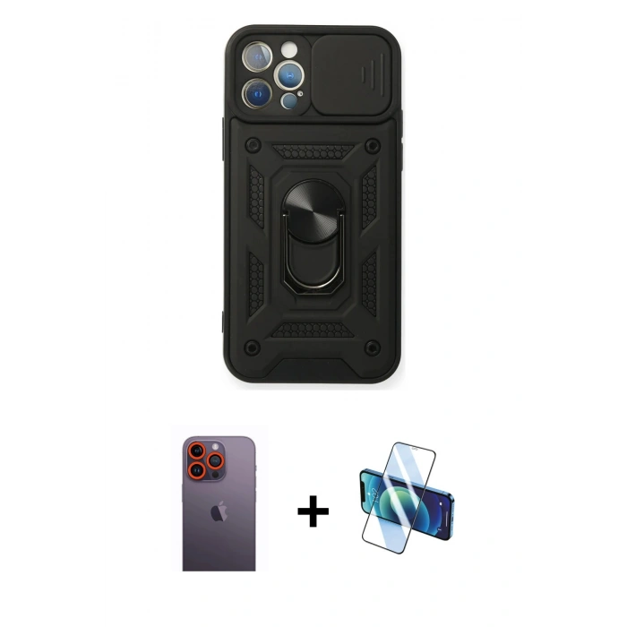 MARSİLYAN™- iPhone 12 Pro Kılıf Ahenk Klasik - Siyah 3D Antistatik Seramik Nano Ekran Koruyucu + Neon Fosforlu Kamera Lens - TU