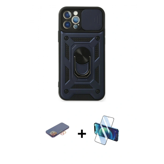 MARSİLYAN™- iPhone 12 Pro Kılıf Ahenk Klasik - Siyah 3D Antistatik Seramik Nano Ekran Koruyucu + Renkli Kamera Lens Koruma Cam - TU