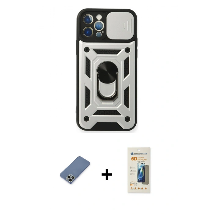 MARSİLYAN™- iPhone 12 Pro Kılıf Ahenk Klasik - Siyah 6D Mat Seramik Hayalet Nano Ekran Koruyucu + Metal Kamera Lens Koruma Cam - AKYL