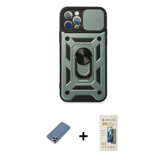 MARSİLYAN™- iPhone 12 Pro Kılıf Ahenk Klasik - Siyah 6D Mat Seramik Hayalet Nano Ekran Koruyucu + Metal Kamera Lens Koruma Cam - AKYL