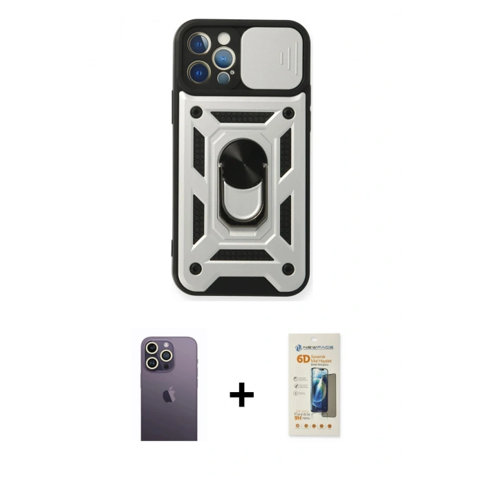 MARSİLYAN™- iPhone 12 Pro Kılıf Ahenk Klasik - Siyah 6D Mat Seramik Hayalet Nano Ekran Koruyucu + Neon Fosforlu Kamera Lens - BZ
