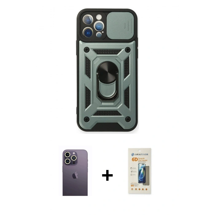 MARSİLYAN™- iPhone 12 Pro Kılıf Ahenk Klasik - Siyah 6D Mat Seramik Hayalet Nano Ekran Koruyucu + Neon Fosforlu Kamera Lens - BZ