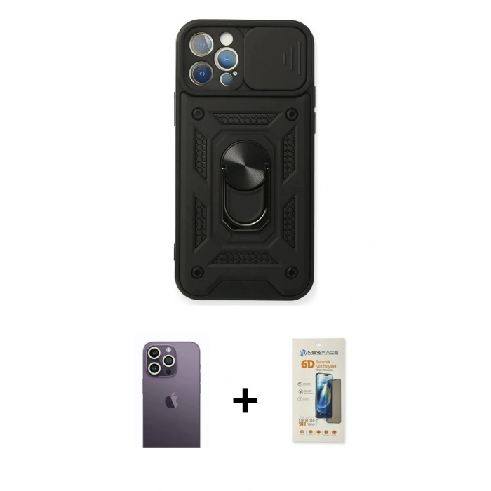 MARSİLYAN™- iPhone 12 Pro Kılıf Ahenk Klasik - Siyah 6D Mat Seramik Hayalet Nano Ekran Koruyucu + Neon Fosforlu Kamera Lens - BZ